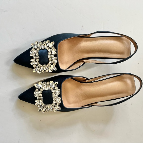 Shoes - Satin Navy Kitten Slingback Mules with Large Crystal Clear Gems on Pointed Toes